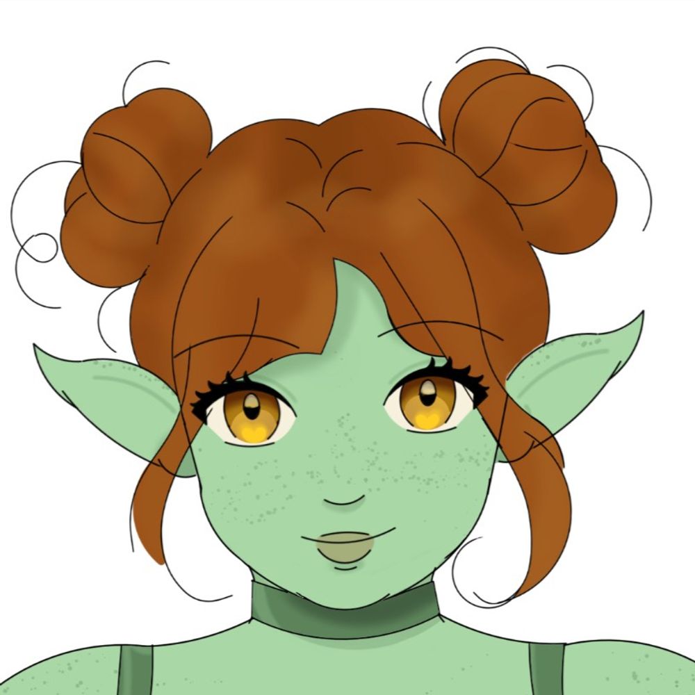goblin with green skin and red hair in two buns