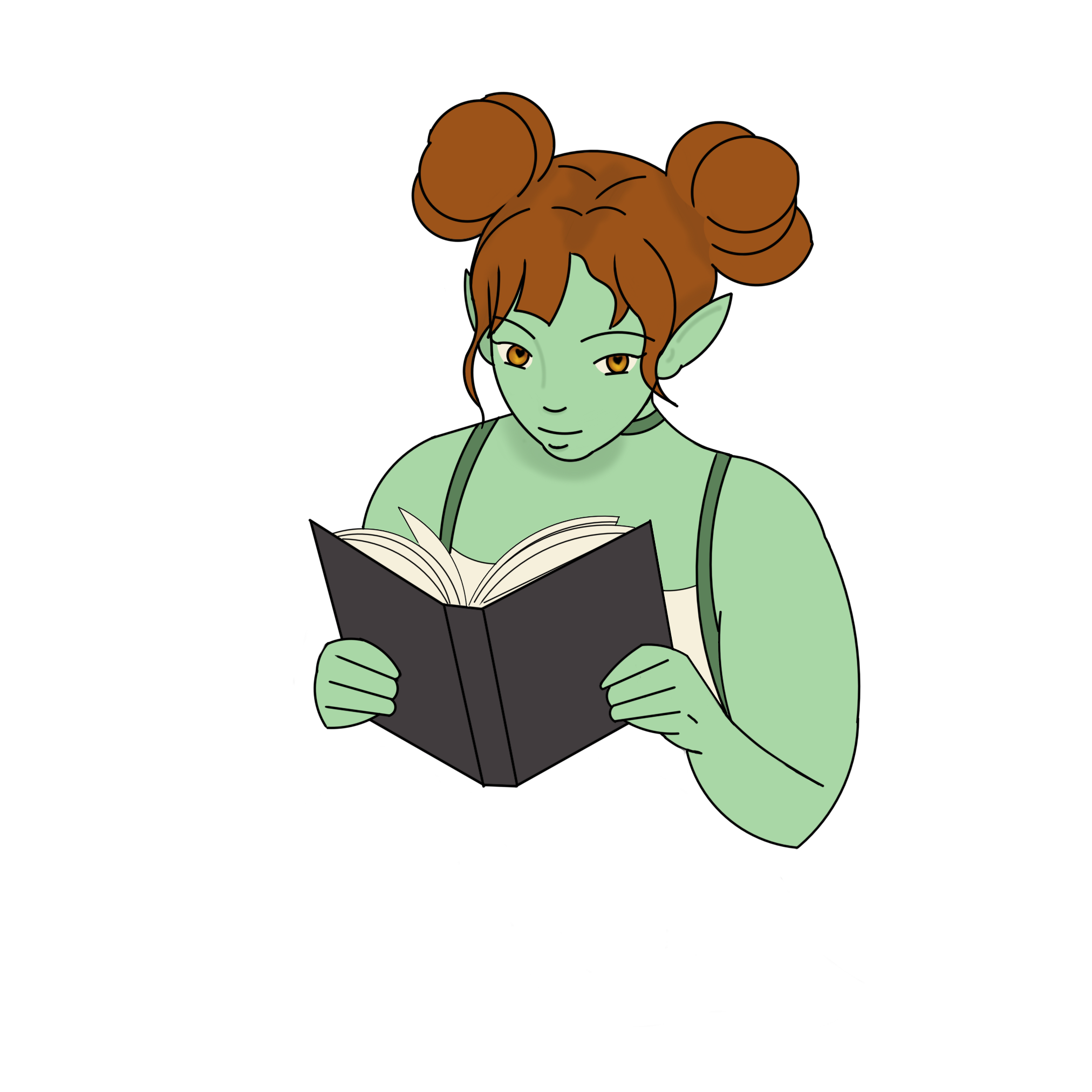 green goblin with red hair in two buns reading a book
